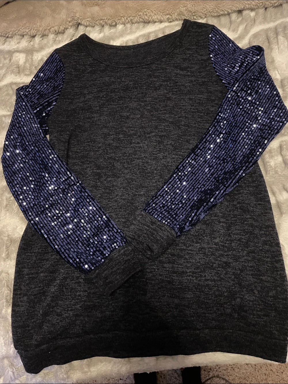 Charcoal Sweater with Navy Sequin Sleeves